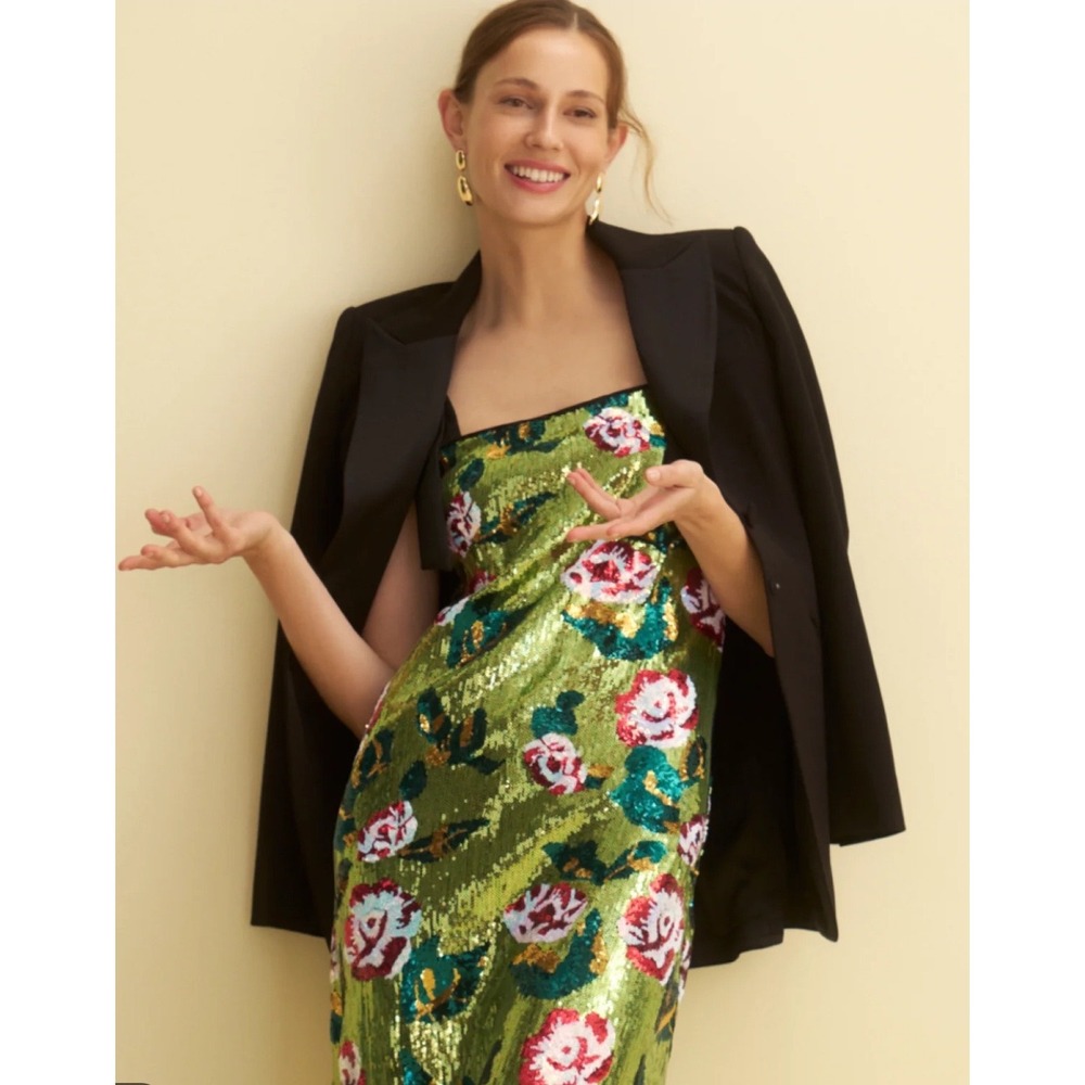 Tuckernuck Floral Sequin Roxy Dress Green Red Rose Midi Bow Straps Sleeveless 2X